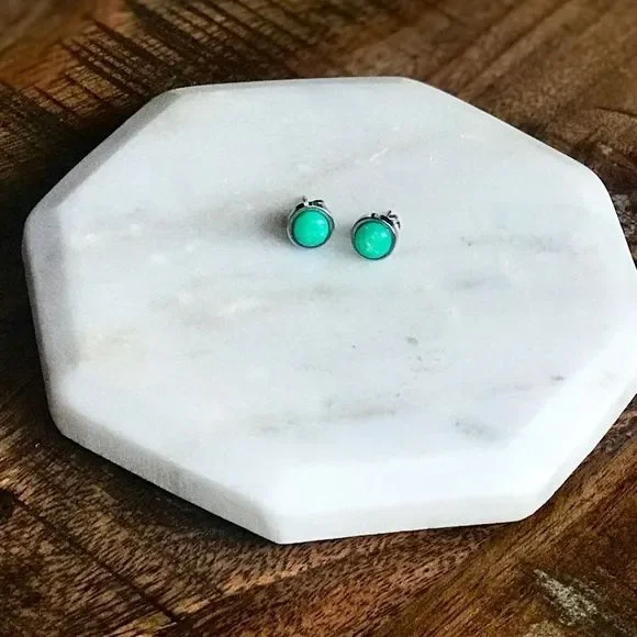 Green Opal & Stainless Steel Earrings Silver Round Stud Post Dainty Boho Beach - Picture 2 of 3